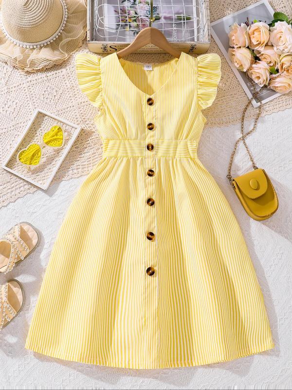 Girl's Striped Print Button Decor Ruffle Trim Dress, Casual Short Sleeve Collar Dress for Summer, Kids Clothes for Daily Wear 8