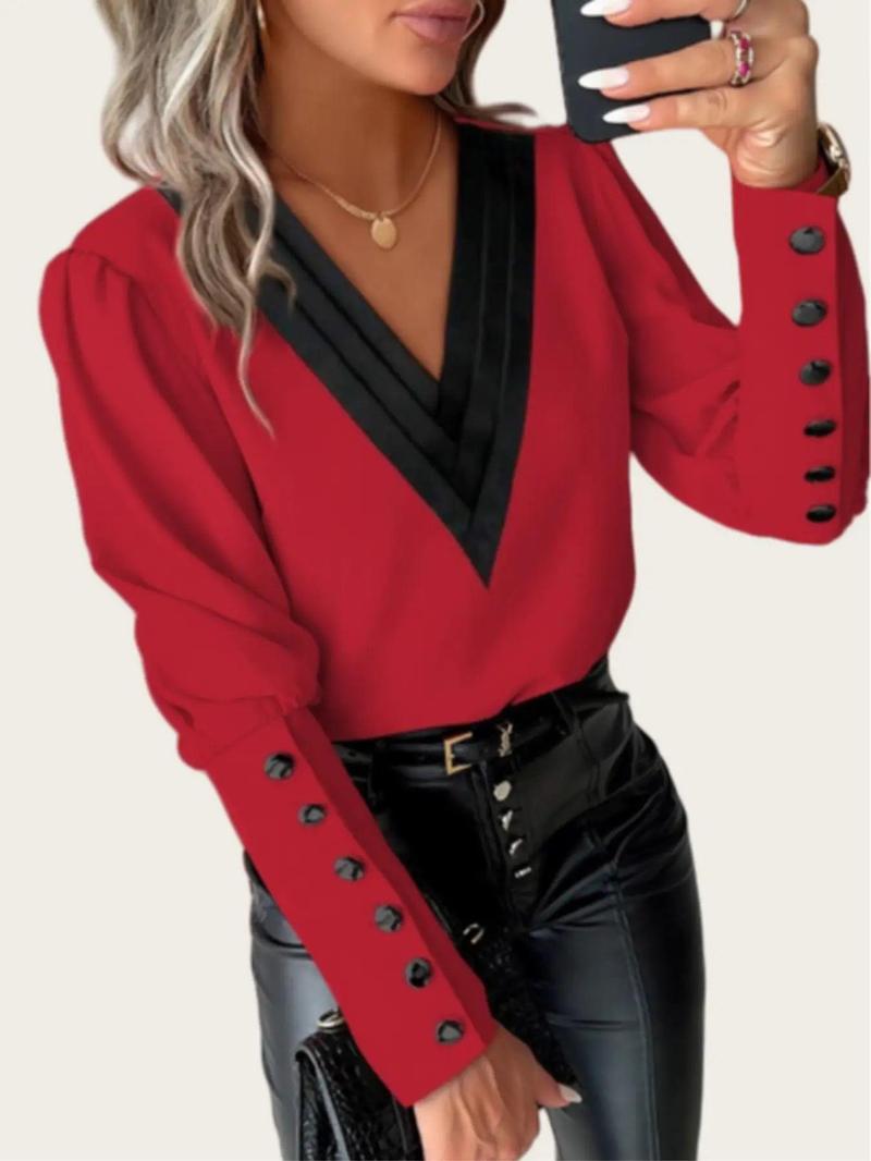 Product Introduction of Women's Patchwork Print Button Leg-of-mutton Sleeve Blouse, Elegant V Neck Long Sleeve Top for Work Office Business, Ladies Clothes for All Seasons， Going Out Tops 12