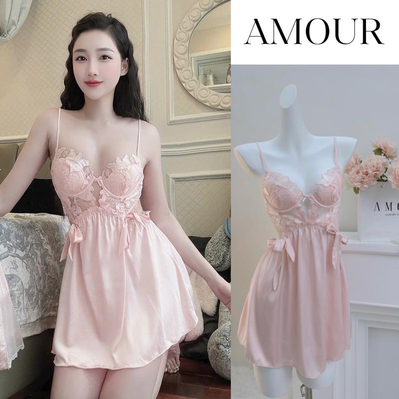 SP203_AMOUR Lẻ váy ngủ không kèm choàng, váy ngủ lụa 2 dây phối ren cao câp xẻ sau, đầm mặc nhà gợi cảm có kèm chip xinh