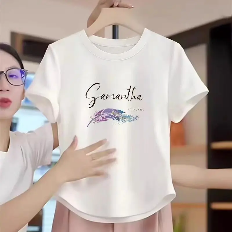 Short Sleeve T-Shirt for Women 2025 Summer New Versatile Design Irregular Round Neck Printed Crop Top