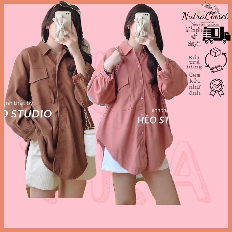 Áo khoác dáng sơmi túi hộp kaki da lộn tay phồng vạt bầu unisex ulzzang nam nữ