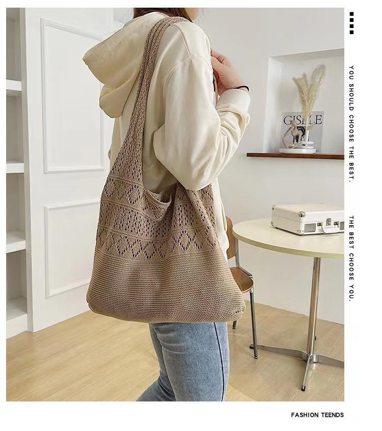 Product Introduction of Woven Bag Tote Bag Vintage Hollow Knit Bag Simple Bags Niche Unique Handbag Women's Bag Solid Color Campus Shoulder Bag good  totes  croissant  bag 12