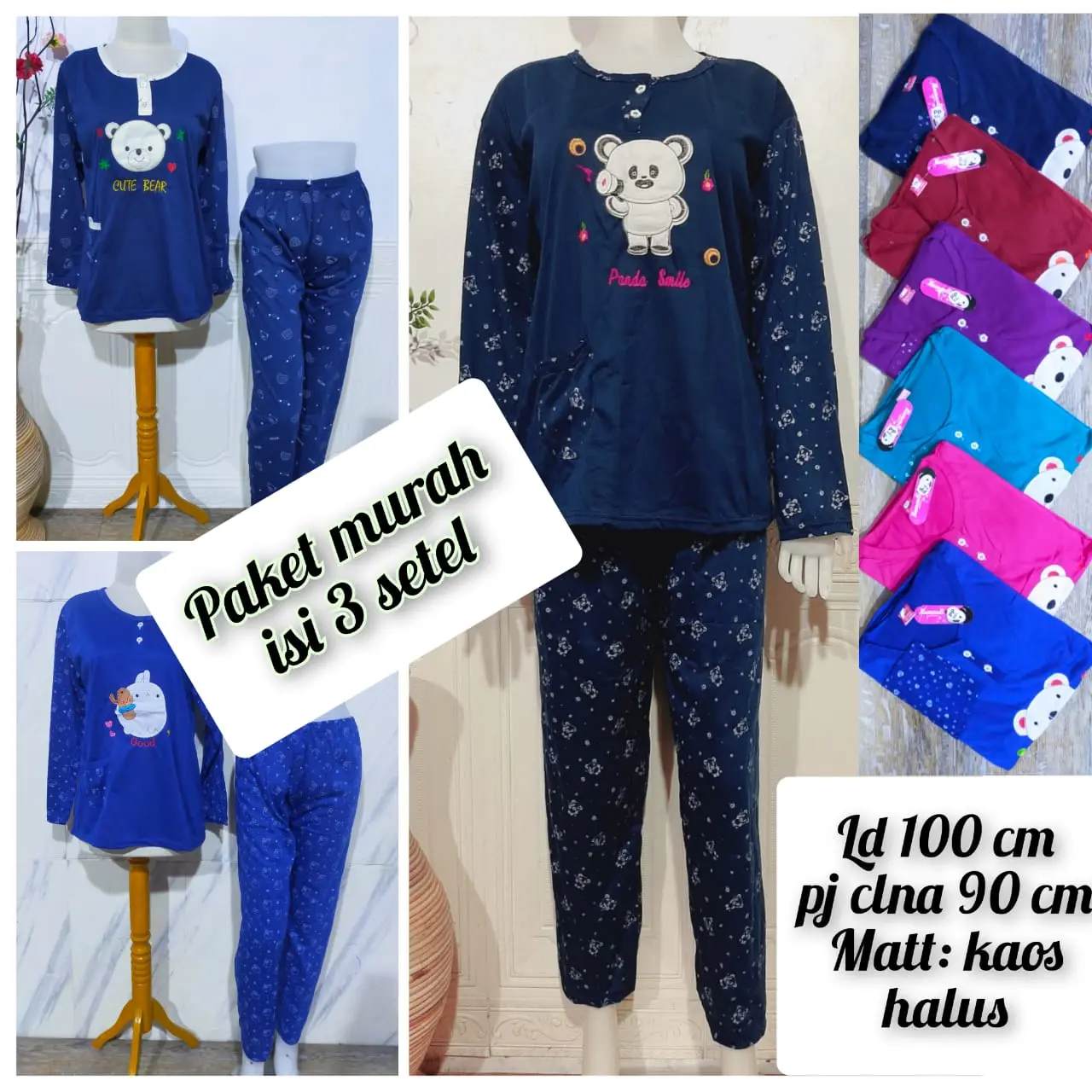 paket hemat isi 3 piyama kaos wanita harga grosir