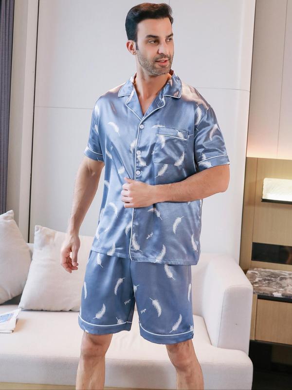 Three-Piece Set Men's All Over Print Button Front Pyjamas Set, Casual Pocket Shirt & Elastic Waist Pants & Contrast Binding Shorts, Men's Sleepwear Set for Summer 1