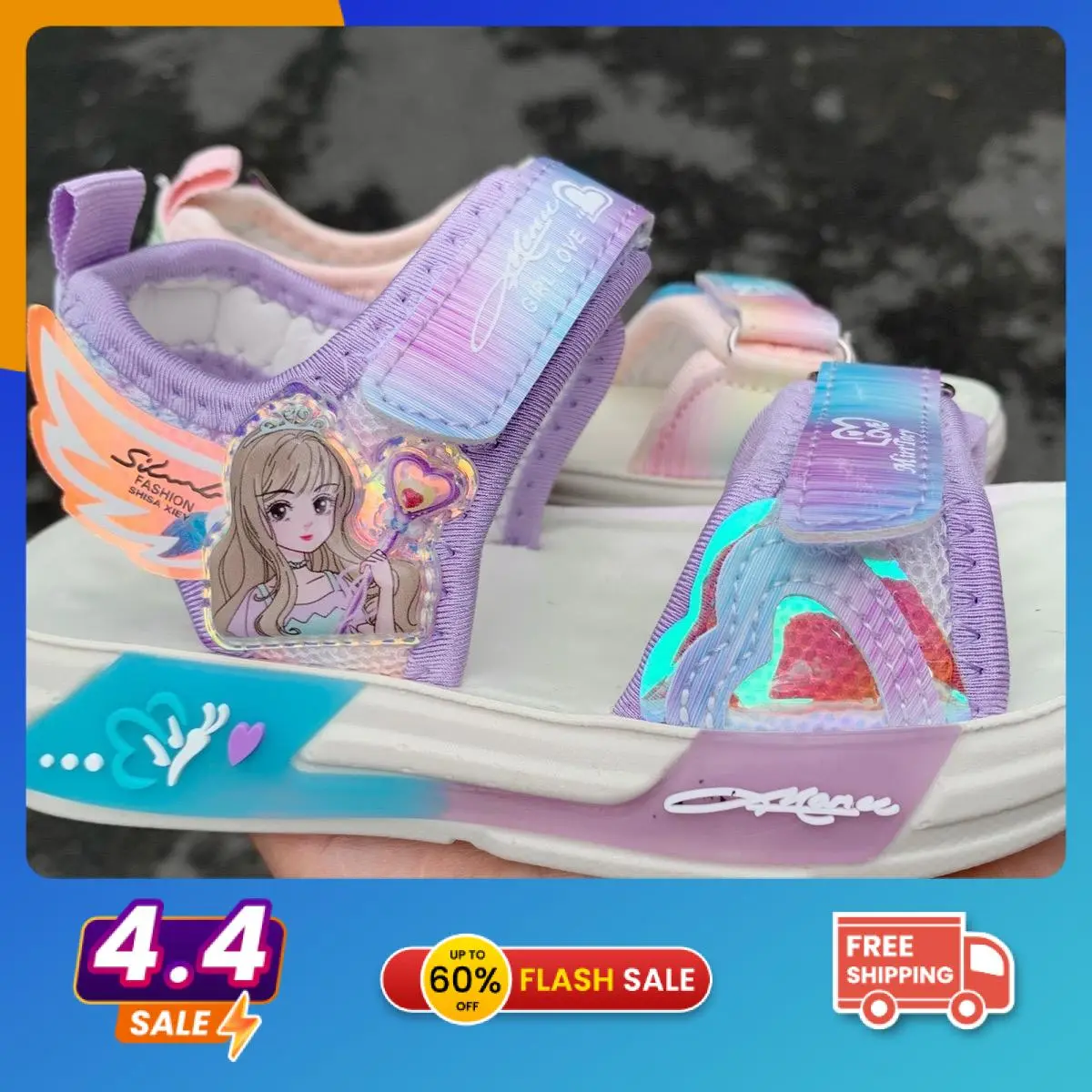 Giày Sandal Công Chúa Cánh Tiên Màu Hồng - Tím Size 26-37,giày siêu nhẹ quai dán, đế đúc cao su chống trượt, dễ phối dồ đi chơi đi học.