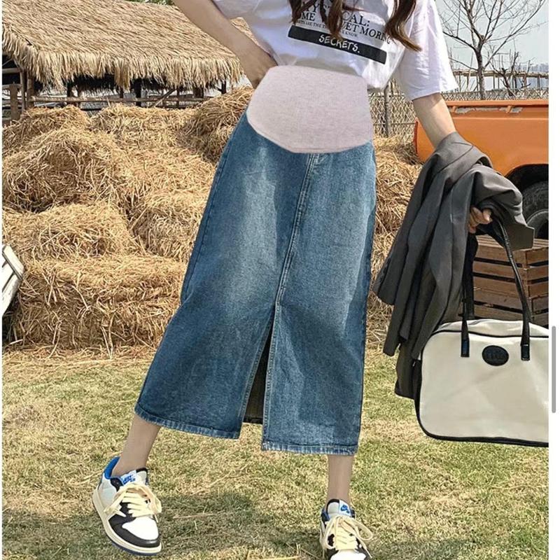 Chân váy jeans bầu chân váy jeans công sở xẻ trước siêu xinh Thai sản Váy Bầu Đầm Bầu