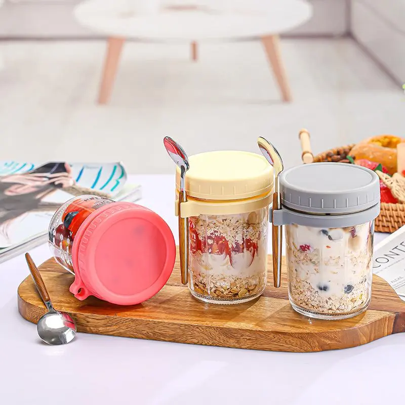 Overnight Oats Cup with Spoon & Insulated Lid, 1 Count/2 Counts Glass Mason Jar with Handle, Food Storage Container for Home Kitchen Dormitory Office