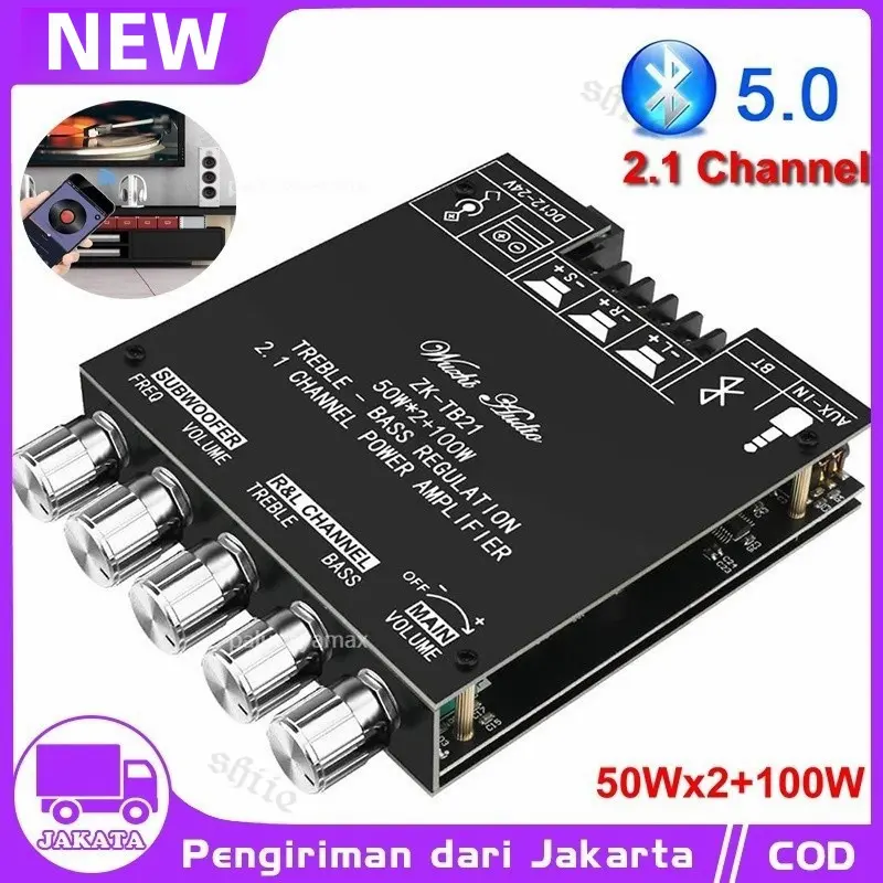 ZK-Mt21 Modul Power Amplifier Audio 2.1 Channel Bt Aux Digit High Power ZK-MT21 Sound Amp 2x50W+100W TPA3116D2 Bluetooth Amplifier Class D 2.1CH Subwoofer 0