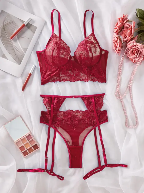 Women's Solid Lace Sexy Lingerie Three-Piece Set, Push Up Bra & Thong & Garter Belt Set, Soft Comfy Breathable Lingerie Set for Women 0
