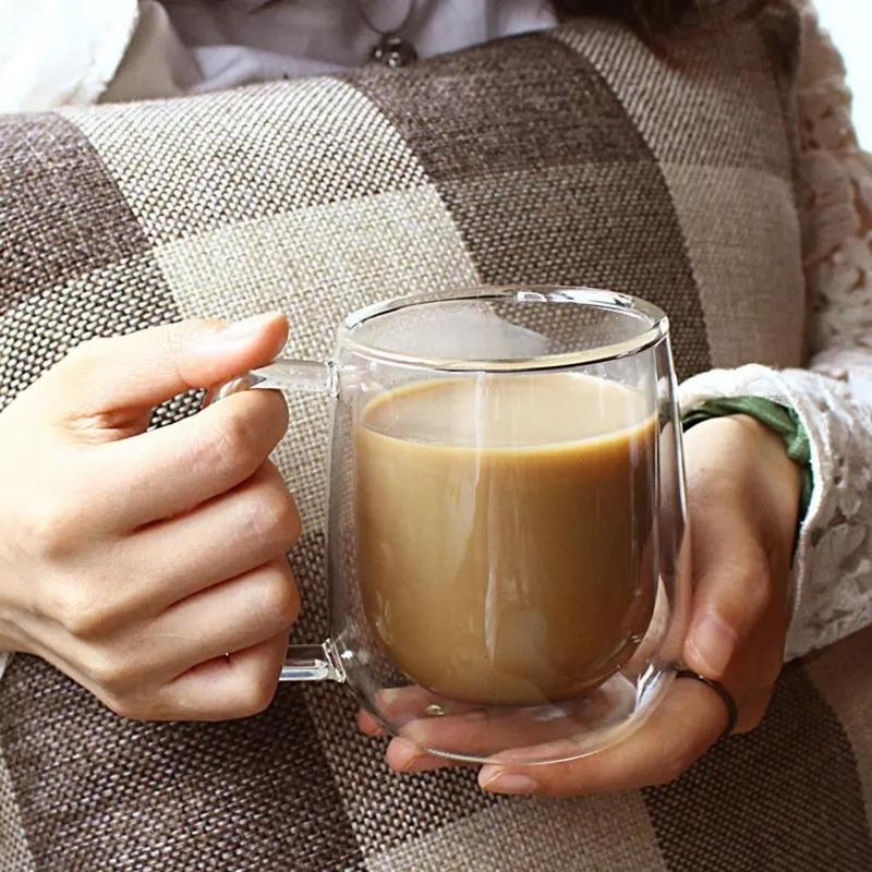 Glass Coffee Cup, 1 Count Double Walled Clear Glass Cup, Coffee Mug, Tea Cup, Drinkware for Home & Outdoor Use, Gifts for Her 5