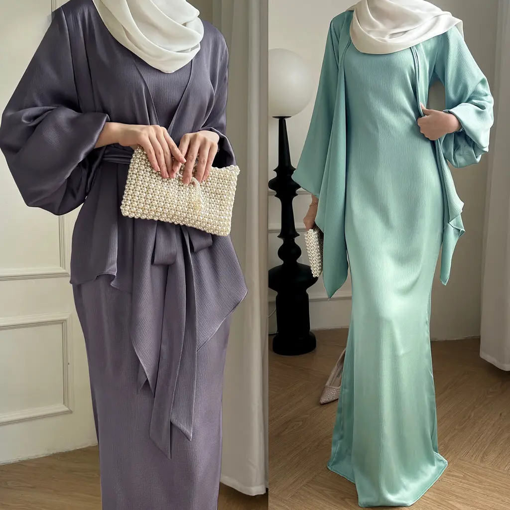 Ramadan Dubai Fashion Abaya 2-piece set maxi dress Islam Arab plain color Jubah Party robe Women Wear Kaftan Abaya Cloak Muslim dress baju raya Muslimah Fashion Malaysia abaya