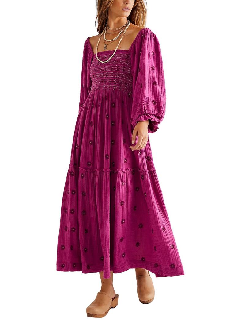 Product Introduction of Women's Floral Embroidery Frill Trim Shirred Flounce Sleeve Dress, Boho Fashion Long Sleeve Square Neck A Line Dress for Daily Holiday Vacation Wear, Ladies Dress for All Seasons, Dresses for Women,  Spring Dress 5