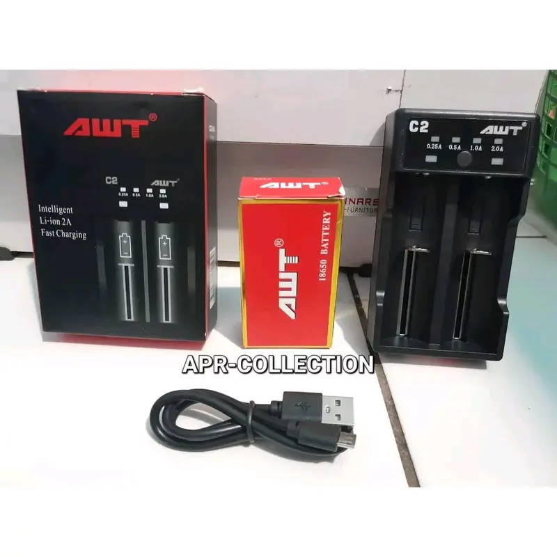 Charger Awt 2Slot Kabel + 2 Baterai Merah 3000Mah 0