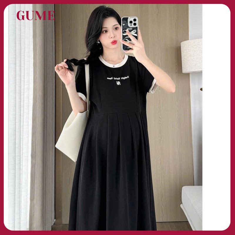 Váy Bầu Mùa Hè Cộc Tay Vải Thun Cổ Tròn Phối Viền Thêu Chữ Trẻ Trung Thanh Lịch Mặc Đi Chơi, Ở nhà HR031