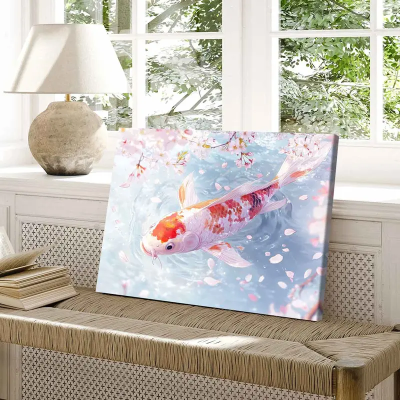 Koi Fish & Cherry Blossoms Pattern Canvas Painting with Frame, Modern Wall Art Painting, Wall Decor for Home Living Room Bedroom Office 7
