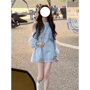 ชุดเสื้อเชิ้ต เปิดไหล่ แขนยาว กางเกงขาสั้น สีฟ้า สำหรับผู้หญิง มาใหม่