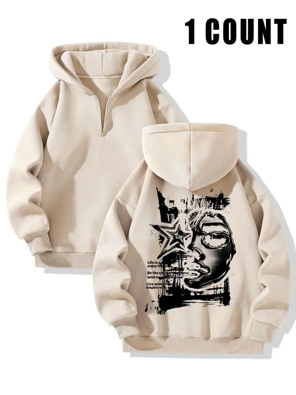 Men's Regular Fit Graphic Zip Up Thermal Lined Hoodie, Casual Drop Shoulder Long Sleeve Hooded Sweatshirt for Spring & Fall, Fashion Men's Clothes for Daily Wear 6