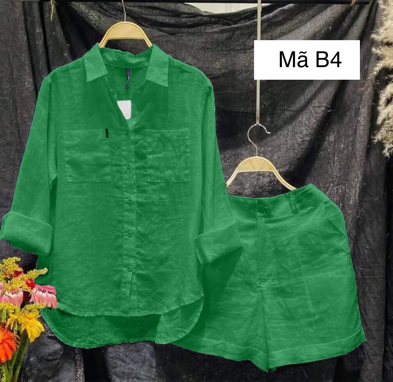 Bộ đồ nữ quần cộc áo dài tay chất vải đũi tơ 9 màu sét - Women, Top