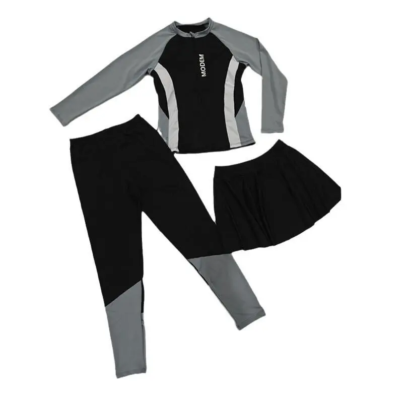 Women 3-Piece Swimsuit Bu Renang Wanita Long Sleeve Pants  Skirt  Modest Swimwear for Surfing & Snor