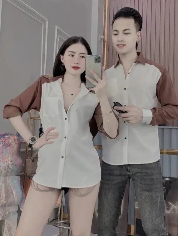 Áo sơ mi nam nữ tay dài thiết kế tay phối màu sang trọng chất lụa mềm mịn thoáng mát mẫu mới hót trend_kenkhang77 Menswear Shirt Có Cổ 1