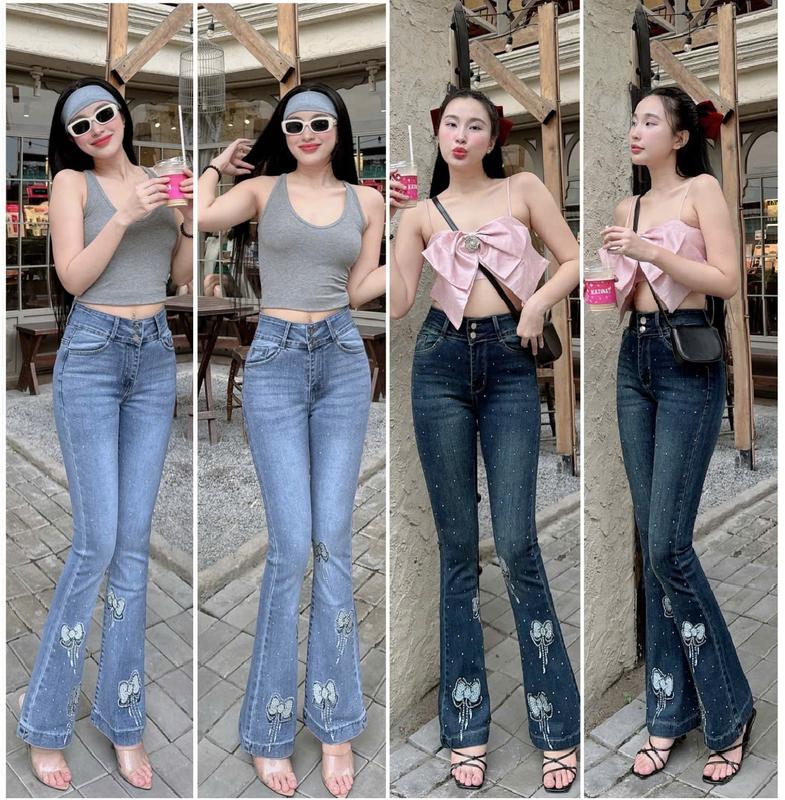 Quần jeans nữ NM ống loe đính đá thêu nơ lai phong cách douyin - 2 màu từ 40-70kg Women Denim