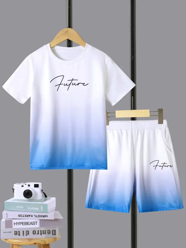 Boy's Ombre Letter Print Short Sleeve T-shirt Tee & Elastic Waist Shorts Set, Summer Outfits 2024, Summer Sets, Kids Clothing, Comfort Cozy Casual Summer Outfits Clothes for Kids, Festival Outfit 2024 2