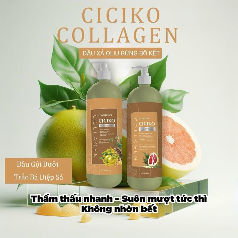  COMBO Dầu gội bưởi trắc bá diệp sả và dầu xả oliu gừng bồ kết CICIKO  Dung tích mỗi chai 1000 ml  