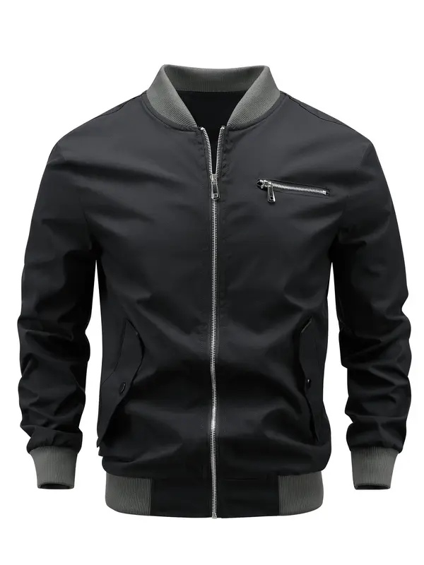 Men's Solid Zip Up Bomber Jacket, Regular Fit Casual Comfy Baseball Collar Long Sleeve Outerwear for Spring & Fall, Men's Clothes for Daily Wear, Coats 0