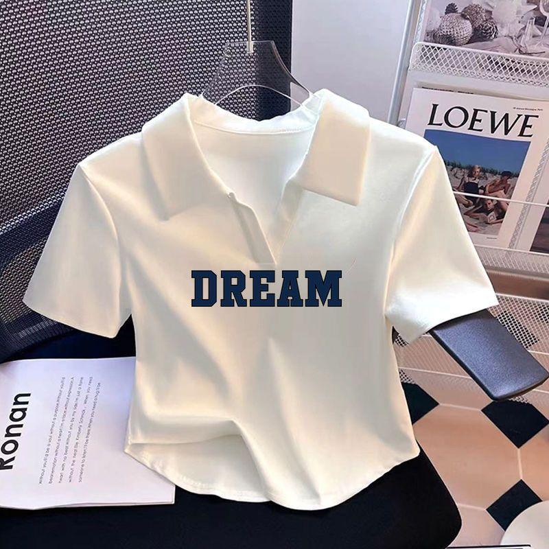 Product Introduction of [2281 Favorites] White Polo Collar Printed Short Sleeve T-Shirt for Women Summer Irregular V-Neck Pure Desire Style Sweet Hot Girl Short Top Womenswear Lingerie Comfort Casual Heart Love 22