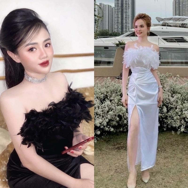 Váy Body Trễ Vai Cup Ngực Lông Vũ Nhún Thân Xẻ Tà Chất Phi Lụa Màu Trắng Đen V279 Freesize AĐ BOUTIQUE