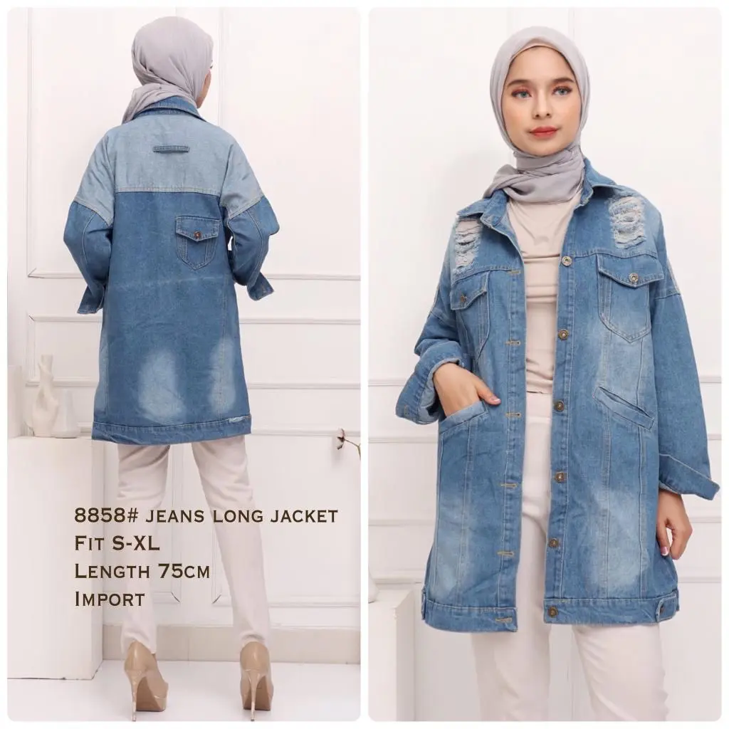 Jaket jeans long import 8858 original Three M jacket wanita remaja muslim fashion style kekinian korean murah diskon promo bahan tebal sweater