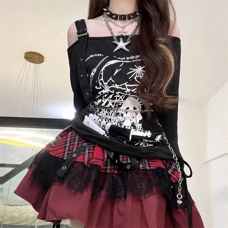 Áo Phông Gothic Punk Y2g Thiên Niên Kỷ Cô Gái Nóng Bỏng, Ngoại Cỡ, Dây Rút In, Dành Cho Nữ, Dáng Rộng Rãi Và Bó Sát, Áo Dài Tay, Thời Trang