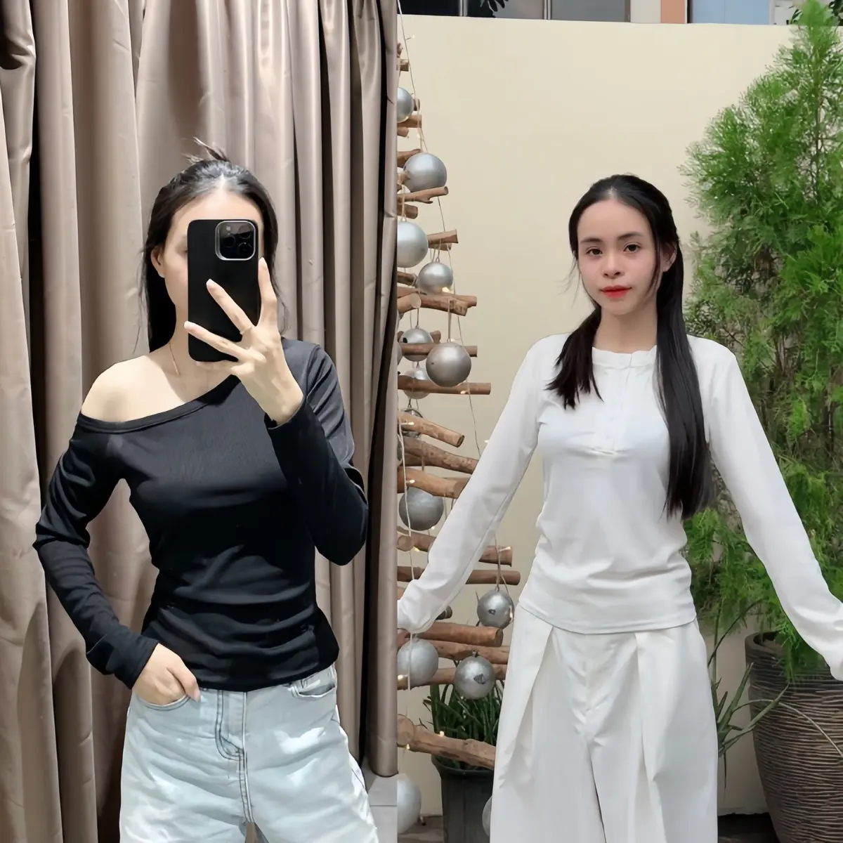 Bộ 2 áo trễ vai và cổ khuy thời trang nữ SE 2024