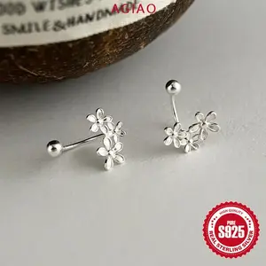 AGIAO Anting Perak Ringan 925 Desain Bunga Wanita Anti-Hilang Kait Telinga Sekrup Putar