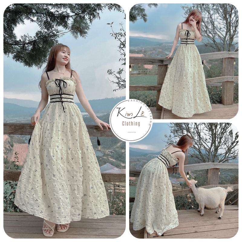 Đầm Hoa Nhí Màu Kem Chạy Viền Eo 2 Dây Dáng Dài Nhẹ Nhàng Nàng Thơ (có mút) Chất : XỐP HOA Freesize: 44-57kg  Nữ  Women