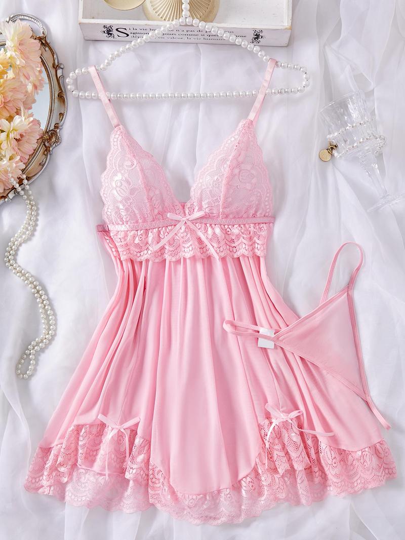 Product Introduction of Women's Contrast Lace Bow Decor Cami Nightdress & Sheer Thong Sexy Sleepwear Two-Piece Set, Naughty Lingerie, Romantic Comfy Spaghetti Strap Nightgown & Panty Set, Ladies Sleepwear for All Seasons Valentine's Day, gift 6