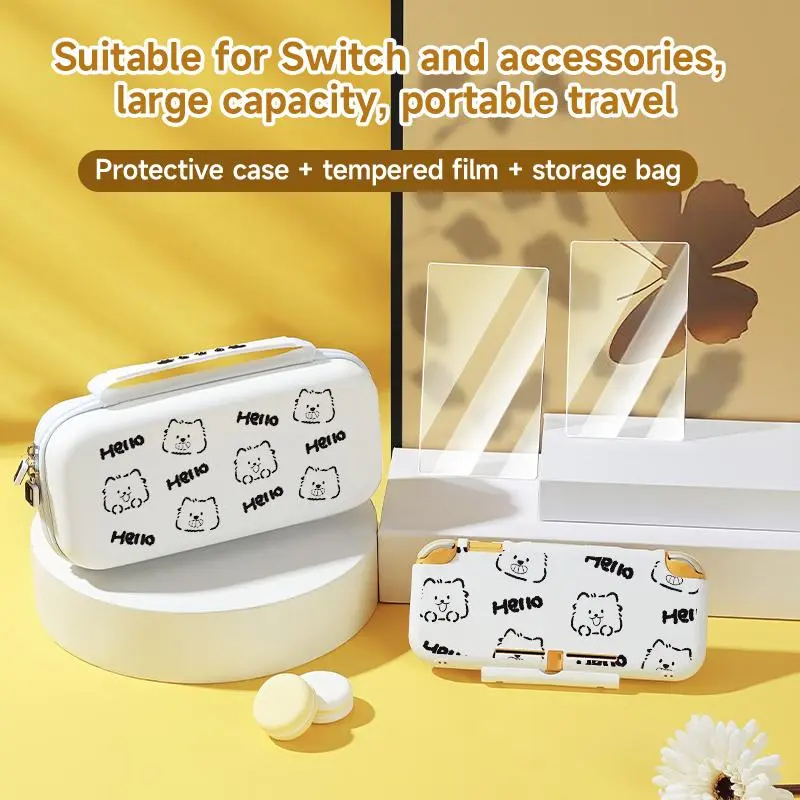 Cartoon Cat Pattern Protective Case with Storage Bag & Screen Protector & Accessories, Large Capacity Storage, Anti-fall Protective Cover for Switch OLED 2