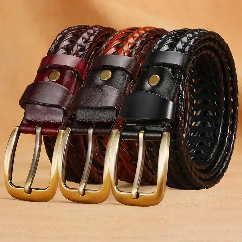 Belts for Men Gold Pin Buckle Casual for Jeans Strap Women Men Genuine Leather Braided Belts Webbing High Quality Hand Vintage