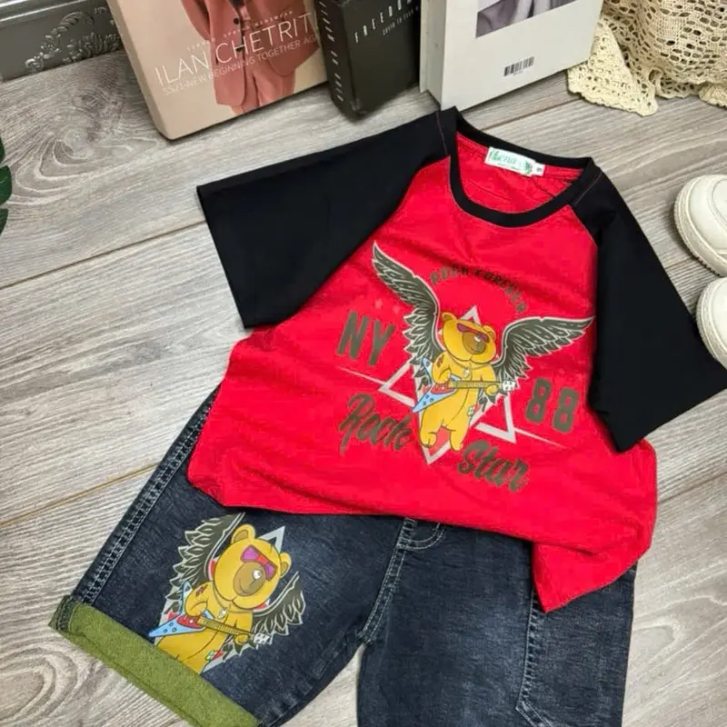Set jean bé trai in hình đại bàng cực ngầu, quần jean con giãn, áo thun cotton 4c mềm mịn, size 35-55kg 3