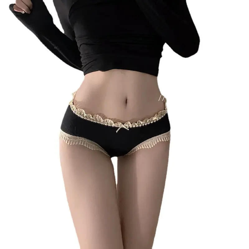 Morandi Girl's Underwear Ladies Mid Waist Lace Edge Contrast-Color Sheath Comfortable Japanese Triangle Sweet Women's Underwear