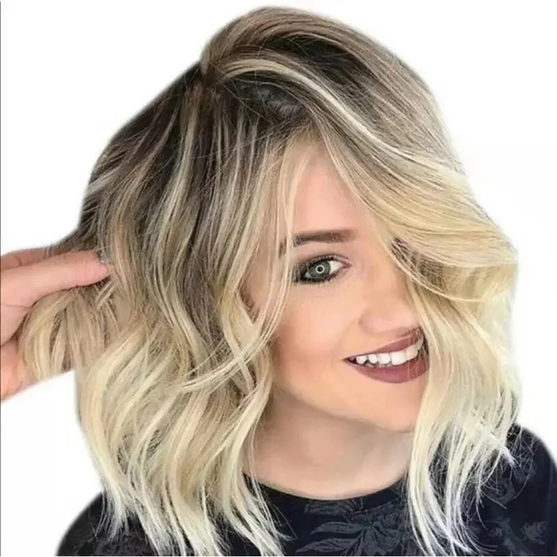 Ladies Parted Short Curly Hair Black Gradient Light Blonde Fluffy Pear Volume Braided Lace  Synthetic Lace Front Wig