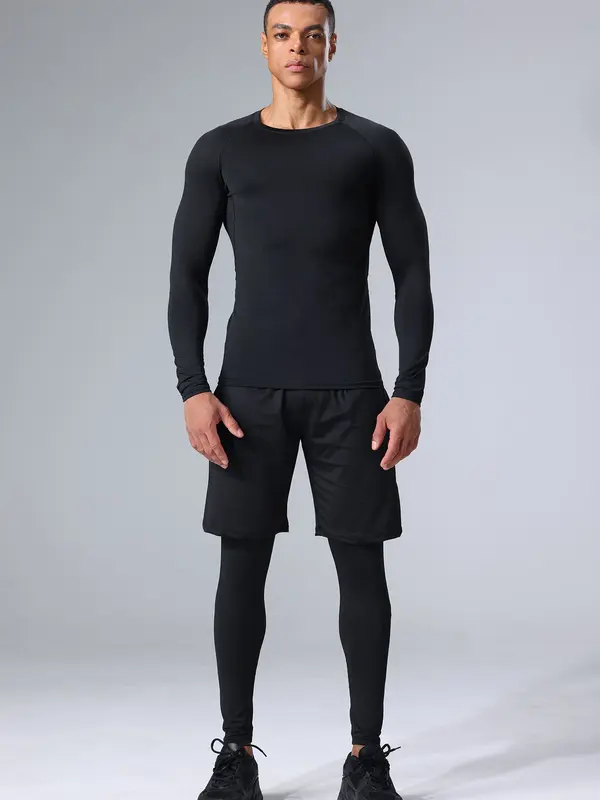 Men's Tracksuit Set, Long Sleeve T-shirt & Letter Tape Leggings & Drawstring Pocket Sports Shorts, Summer Sports Outfits Set for Men Golf 7