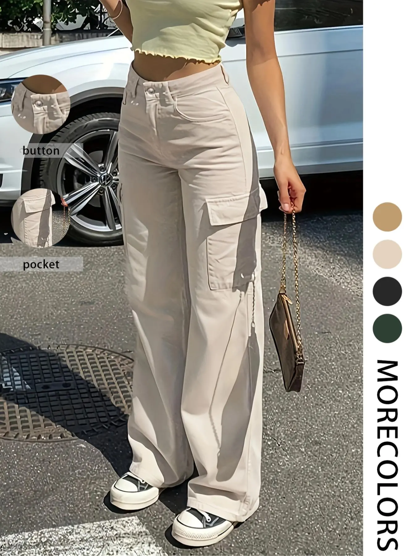 Women's Solid Pocket Button Cargo Pants, Casual Wide Leg Trousers for Daily Wear, Ladies Bottoms for All Seasons
