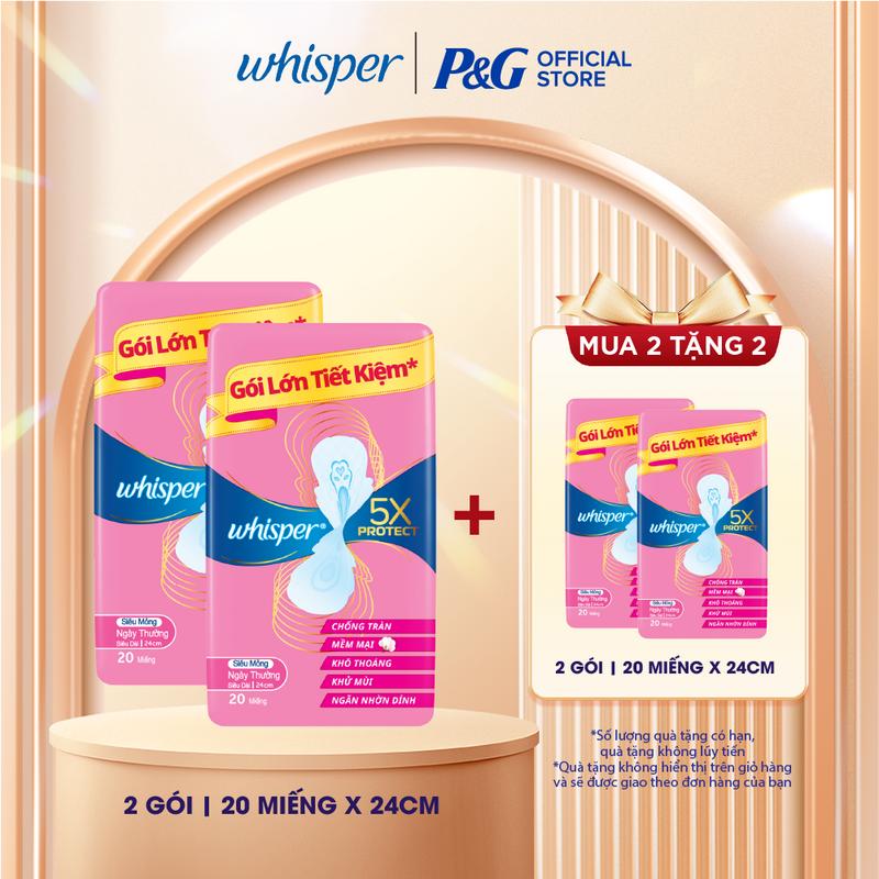 Mua 2 tặng 2 Băng Vệ Sinh WHISPER 5X Bảo Vệ Mặt Bông Siêu Mỏng 24CM 13-20 Miếng - 28CM 16 Miếng