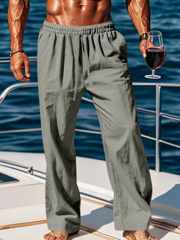 Men's Solid Pocket Drawstring Waist Pants, Regular Fit Casual Comfy Trousers for Beach Vacation Holiday, Men's Bottoms for All Seasons 5