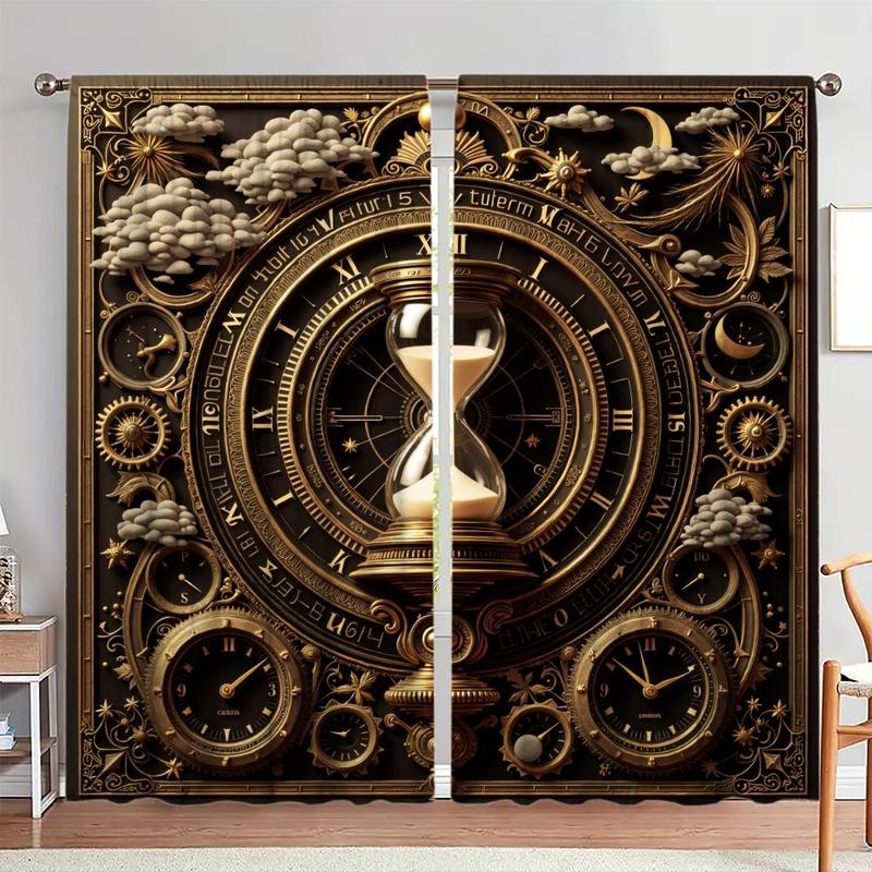 Product Introduction of Clock & Compass Pattern Door Curtain, 1 Set Creative Printing Door Curtain, Home Decor for Living Room Bedroom Study Room 0