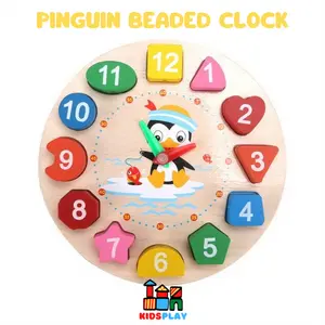 Pinguin Beaded Clock Mainan Meronce Kayu Wooden Toys Mainan Kayu Wooden Clock Toys Puzzle Kayu Puzzle Angka Mainan Montessori Anak