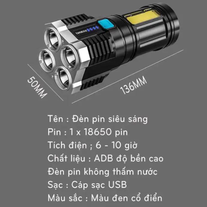Đèn Pin Cầm Tay Siêu Sáng Chiếu Xa 200M 4 Chế Độ Sáng Chống Thấm Nước Có COB Led hông 2