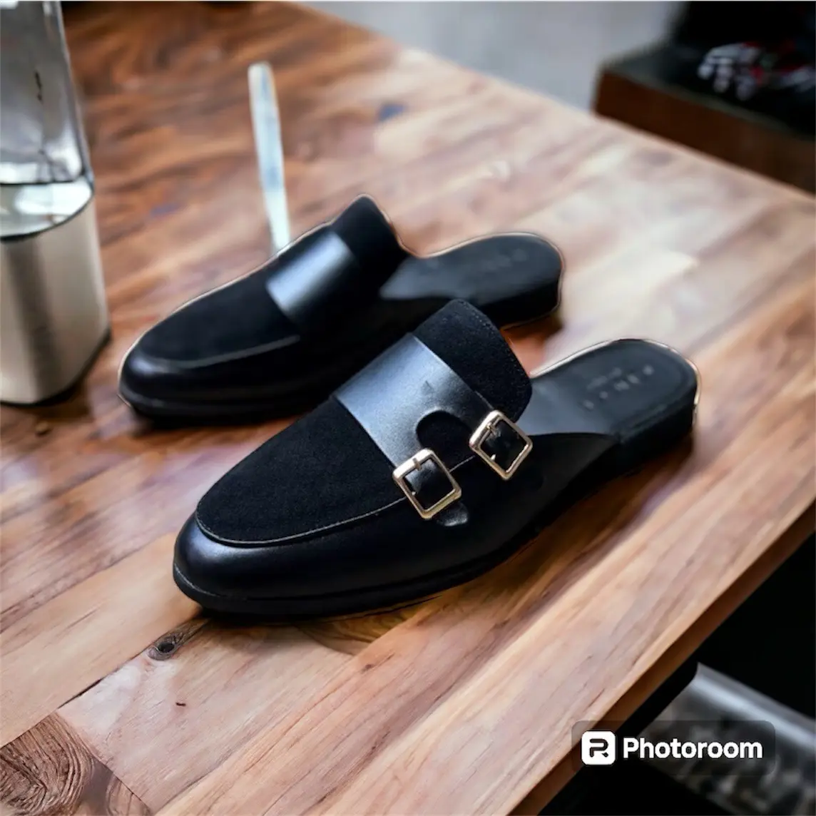 Giày sục da nam màu đen họa tiết nhám khuy sắt sục nam đế cao su full size 37-44
