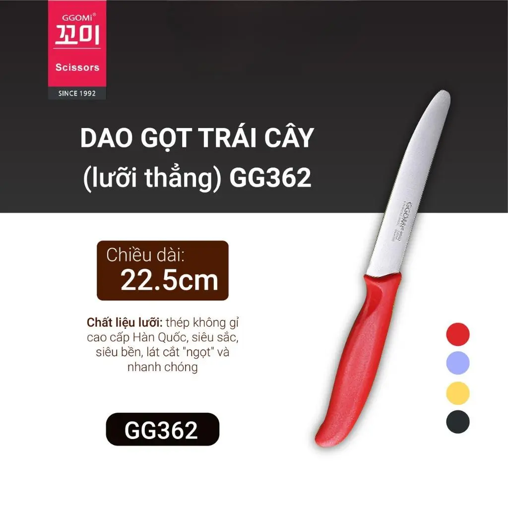 [GGOMI Chính hãng]: Dao gọt trái cây đa năng lưỡi thẳng GGOMi Hàn Quốc GG362. 4 màu lựa chọn